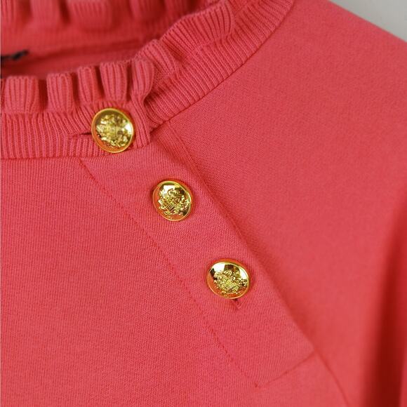 Talbots SZ L 100% Cotton Ruffle Trim Raglan Sweatshirt Coral Pink Gold Buttons - Picture 4 of 7
